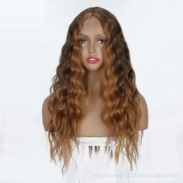 Vigorous Long Body Wave Futura Color Brown Wig Blonde Highlight Synthetic Lace Wig Heat Resistant Futura Wig for Black Wome